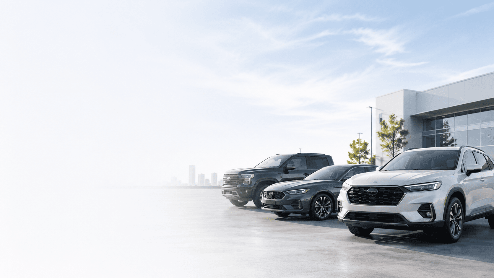 A selection of vehicles outside a modern dealership